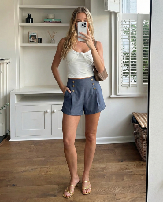 Vera | High Waisted Pleated Shorts Navy Button Detail