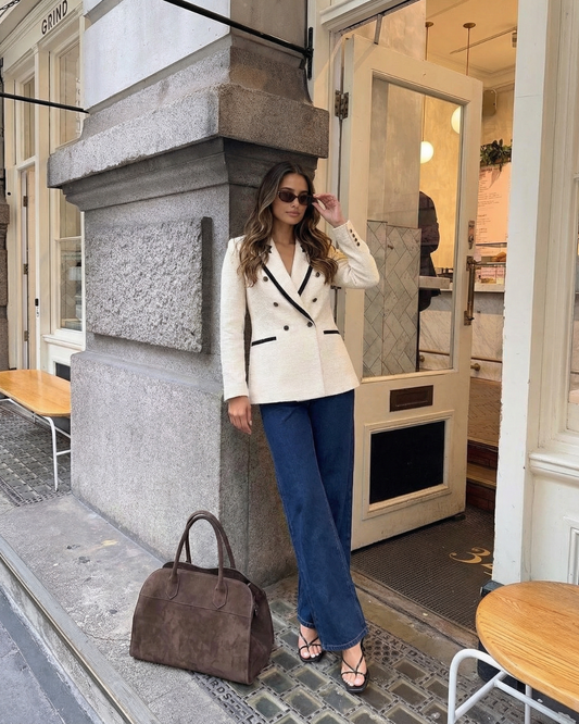 Margot | Double Breasted Tweed Blazer Cream Black Trim