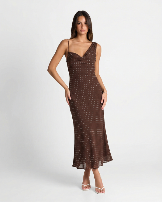 Noa | Elegant Polka Dot Midi Dress Brown
