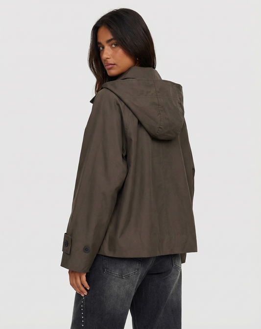Bea | Casual Cropped Hooded Button Up Jacket Khaki Oversized