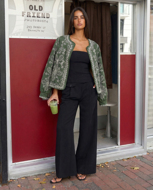 Sia | Bomber Jacket Green Embroidered Short Zip Up Cropped