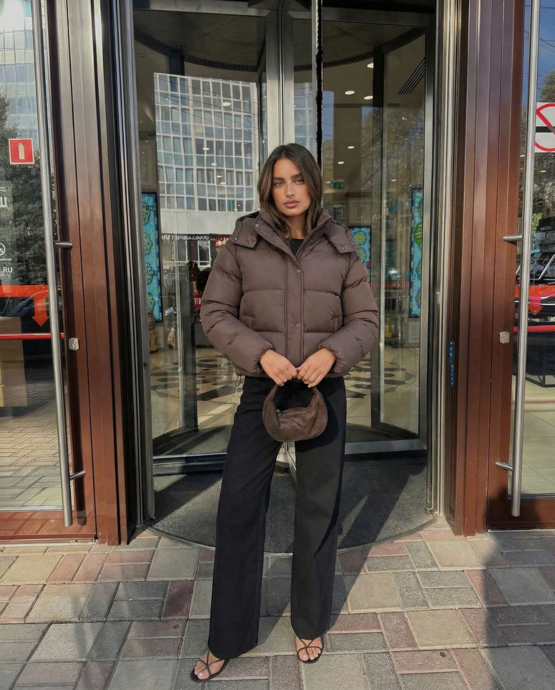 Uma | Winter Cropped Puffer Jacket Brown Hooded Quilted Padded