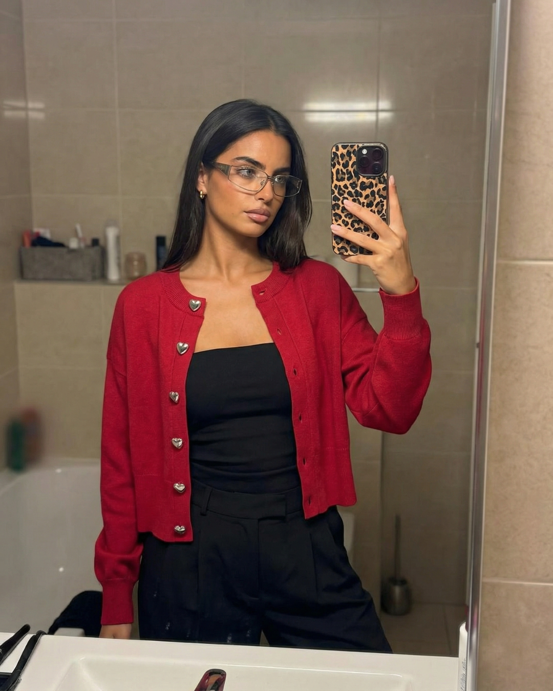 Paloma | Red Cropped Blouse Long Sleeve Heart Buttons