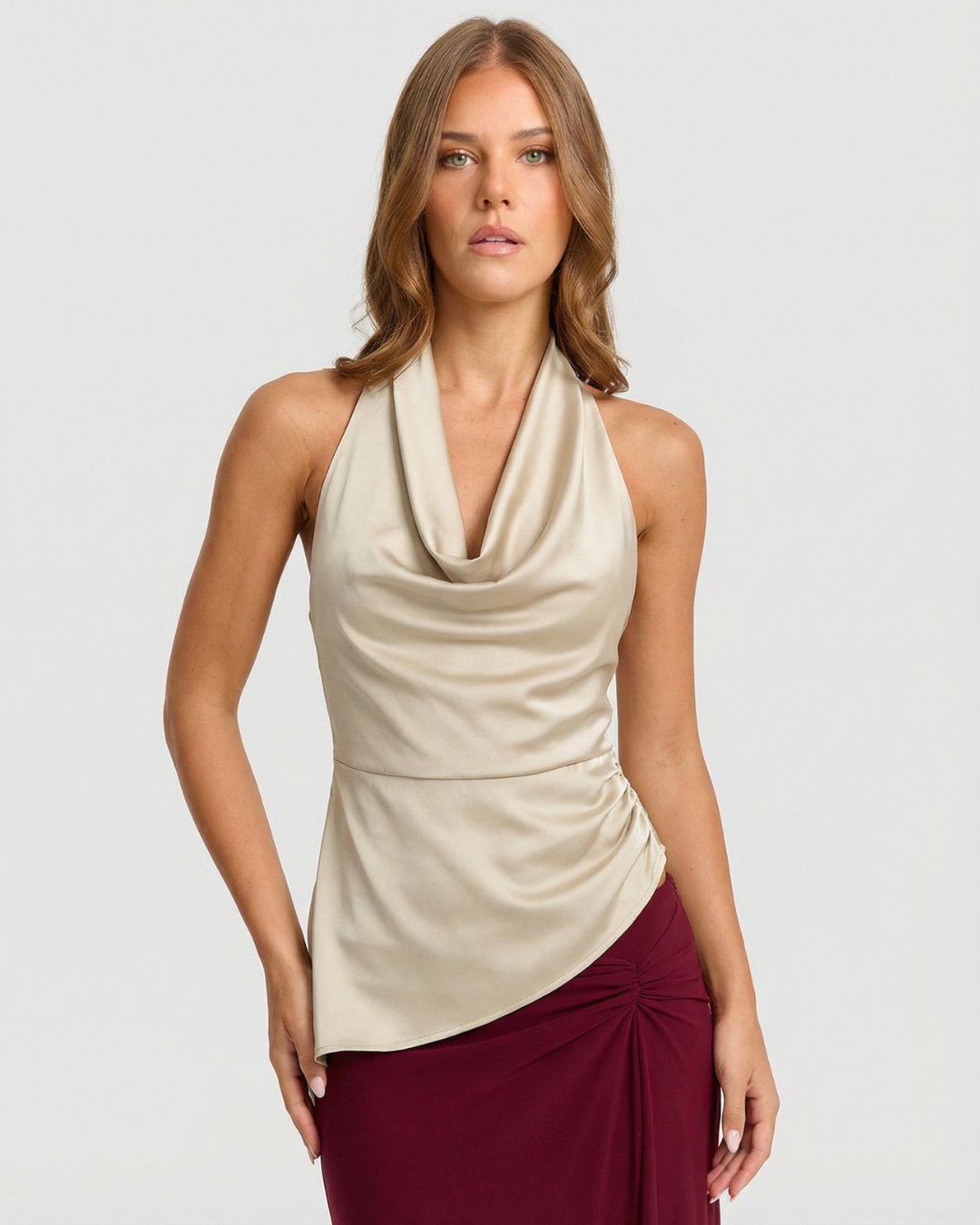 Freya | Elegant Cowl Neck Halter Top Cream Satin Sleeveless