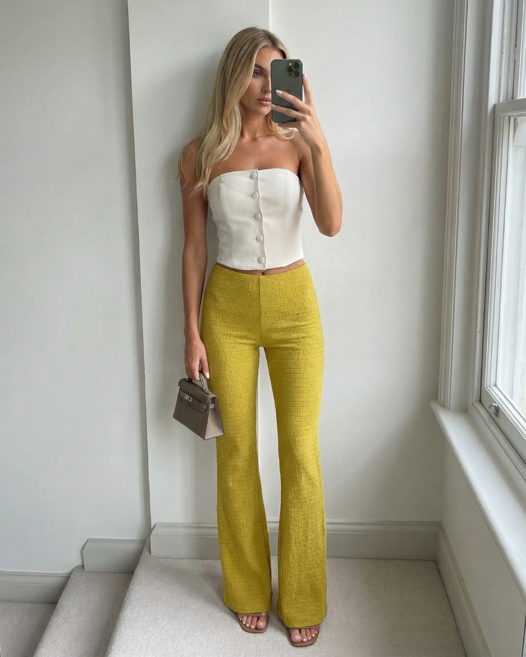 Celine | Flared Trousers Yellow Knitted Casual High Waisted