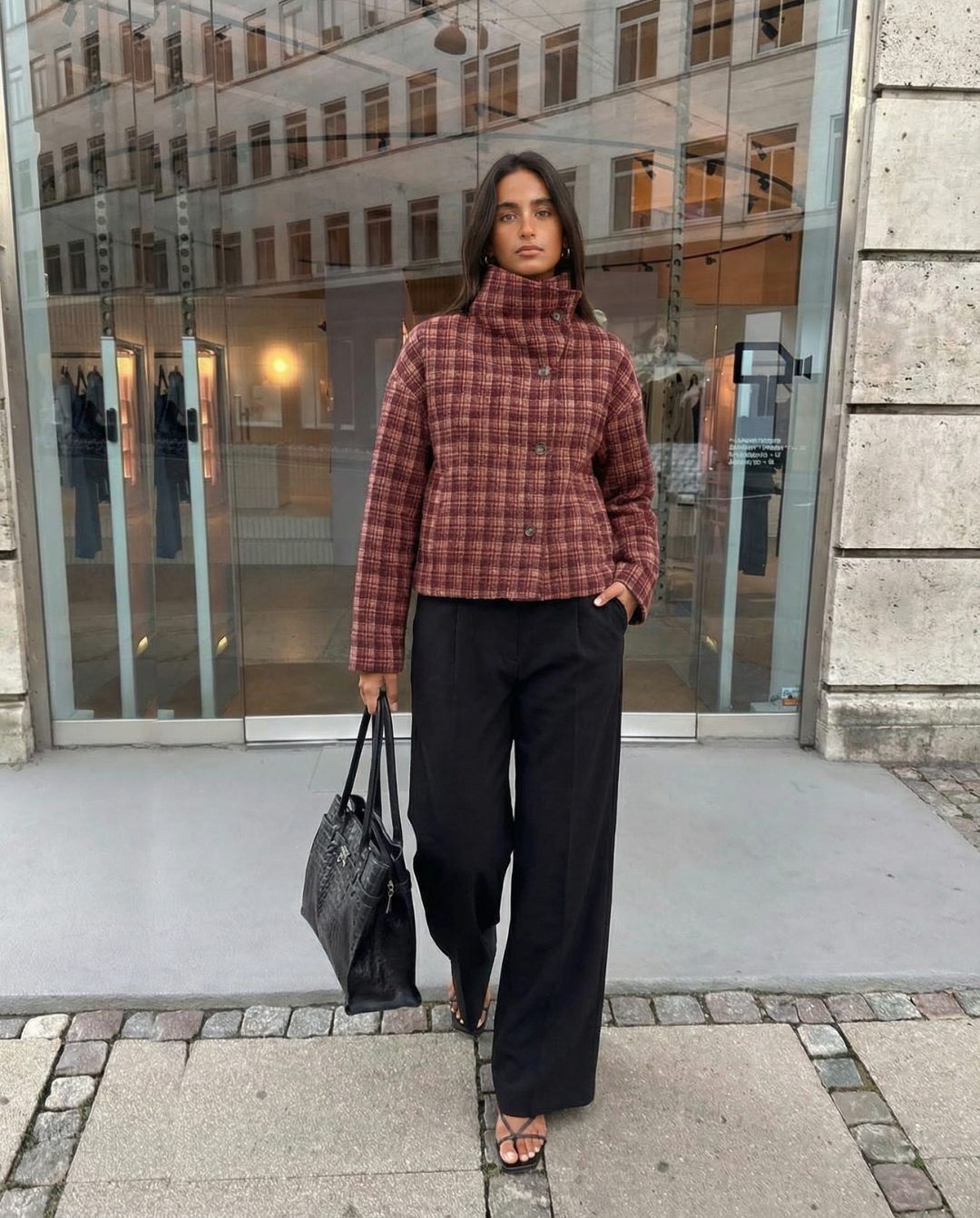 Lux | Autumn Quilted Jacket Brown Check Padded High Neck