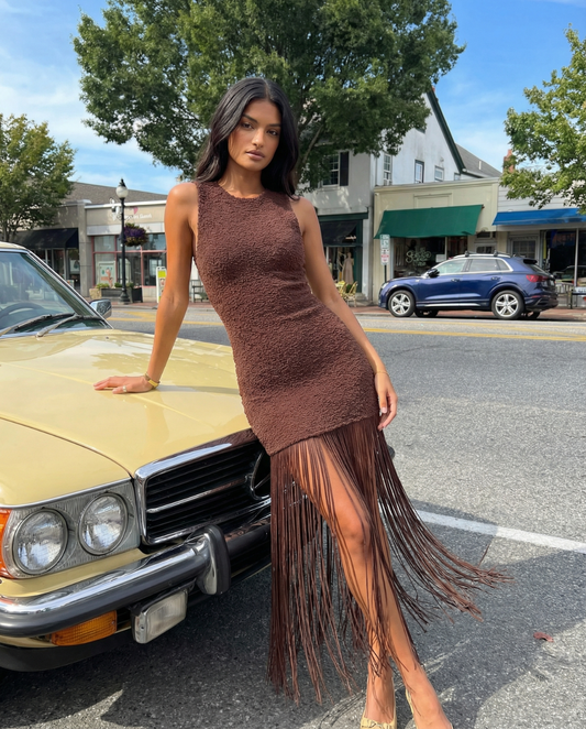 Romy | Casual Fringe Maxi Dress Brown