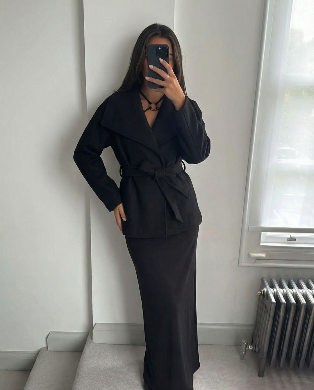 Demi | Elegant Black Belted Jacket Coat Wrap Collar Long Sleeve