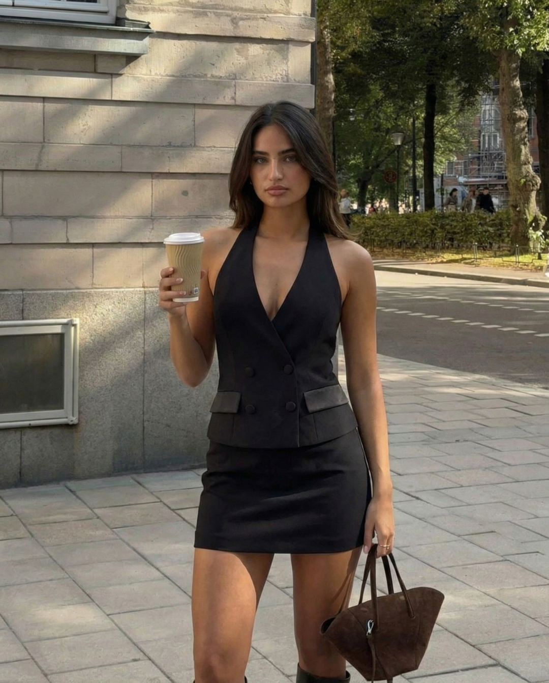 Viola | Elegant Halter Neck Top Black Double Breasted Sleeveless