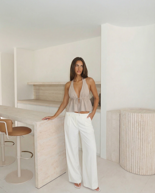 Tess | Summer Halter Neck Top Beige Striped Peplum Tie Front