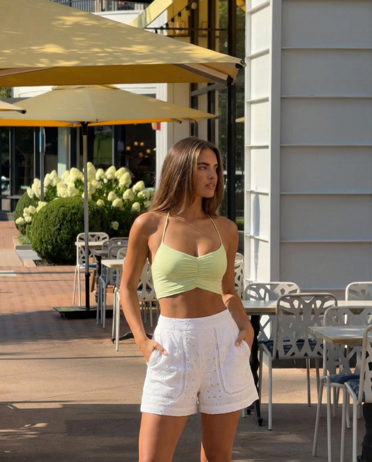 Thea | White Linen Shorts High Waisted Eyelet Embroidered