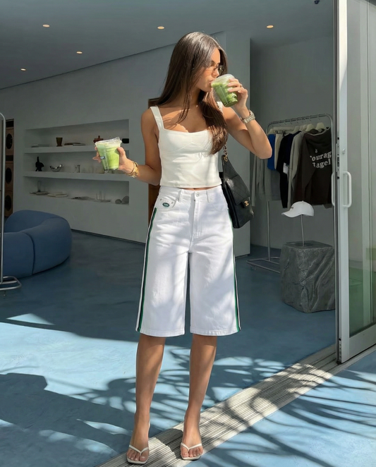 Vera | High Waisted Bermuda Shorts White Side Stripe