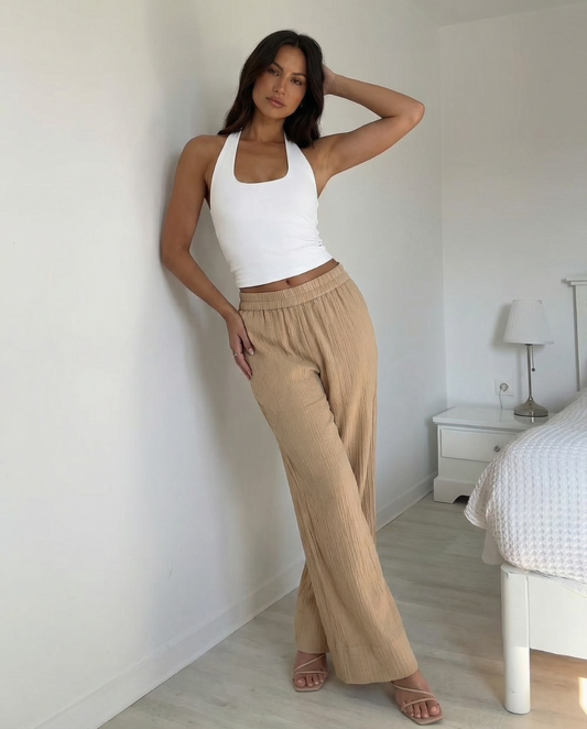 Ayla | Casual Wide Leg Trousers Cream Pleated