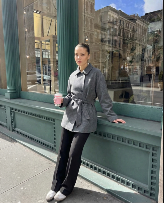 Elise | Winter Belted Jacket Grey Wool Blend Oversized Collar