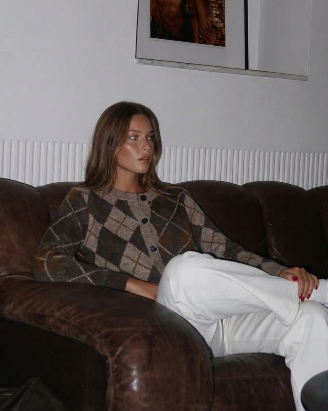 Lyra | Argyle Knitted Cardigan Brown Long Sleeve Button Front