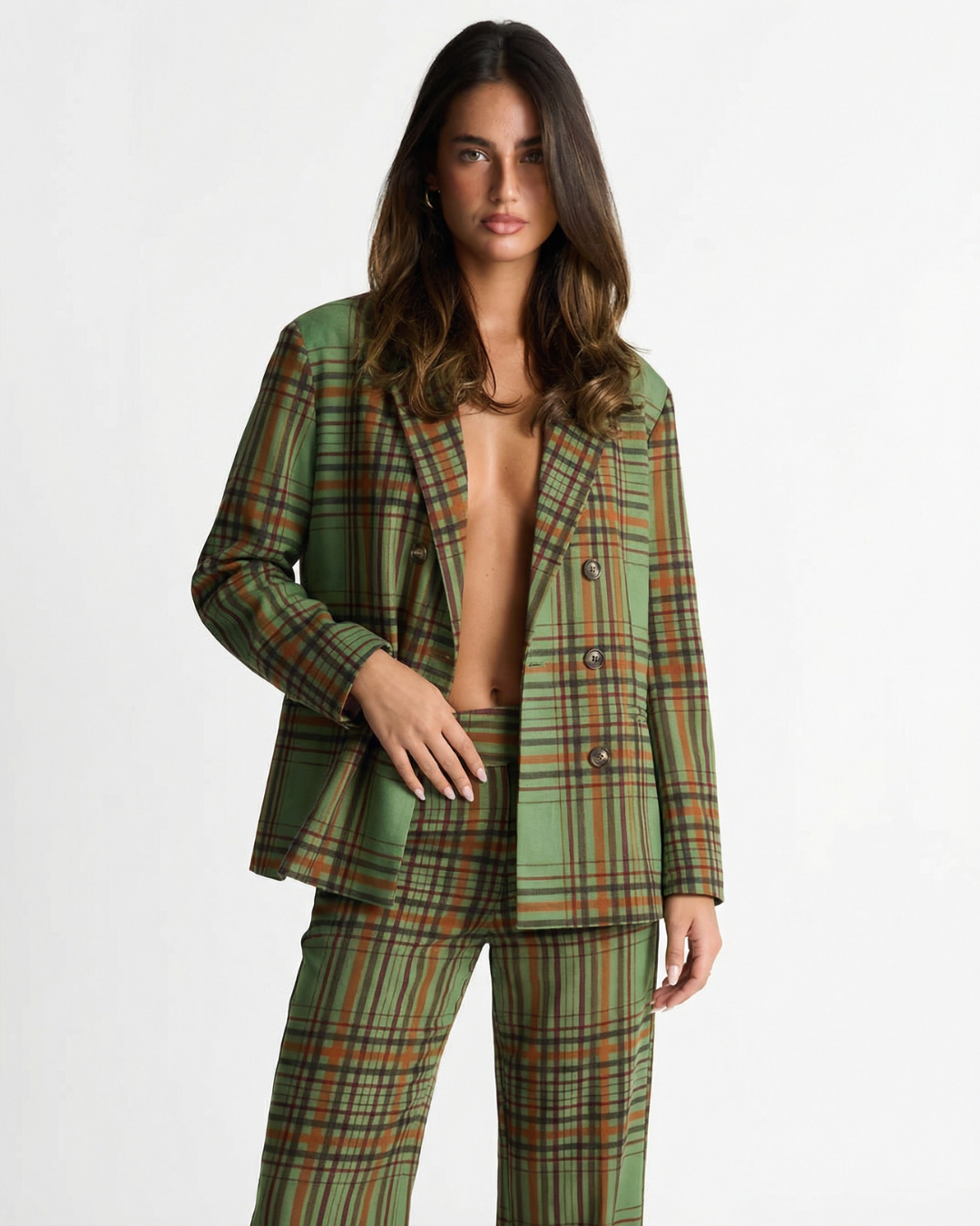 Thea | Plaid Blazer And Pants Set Green Double Breasted