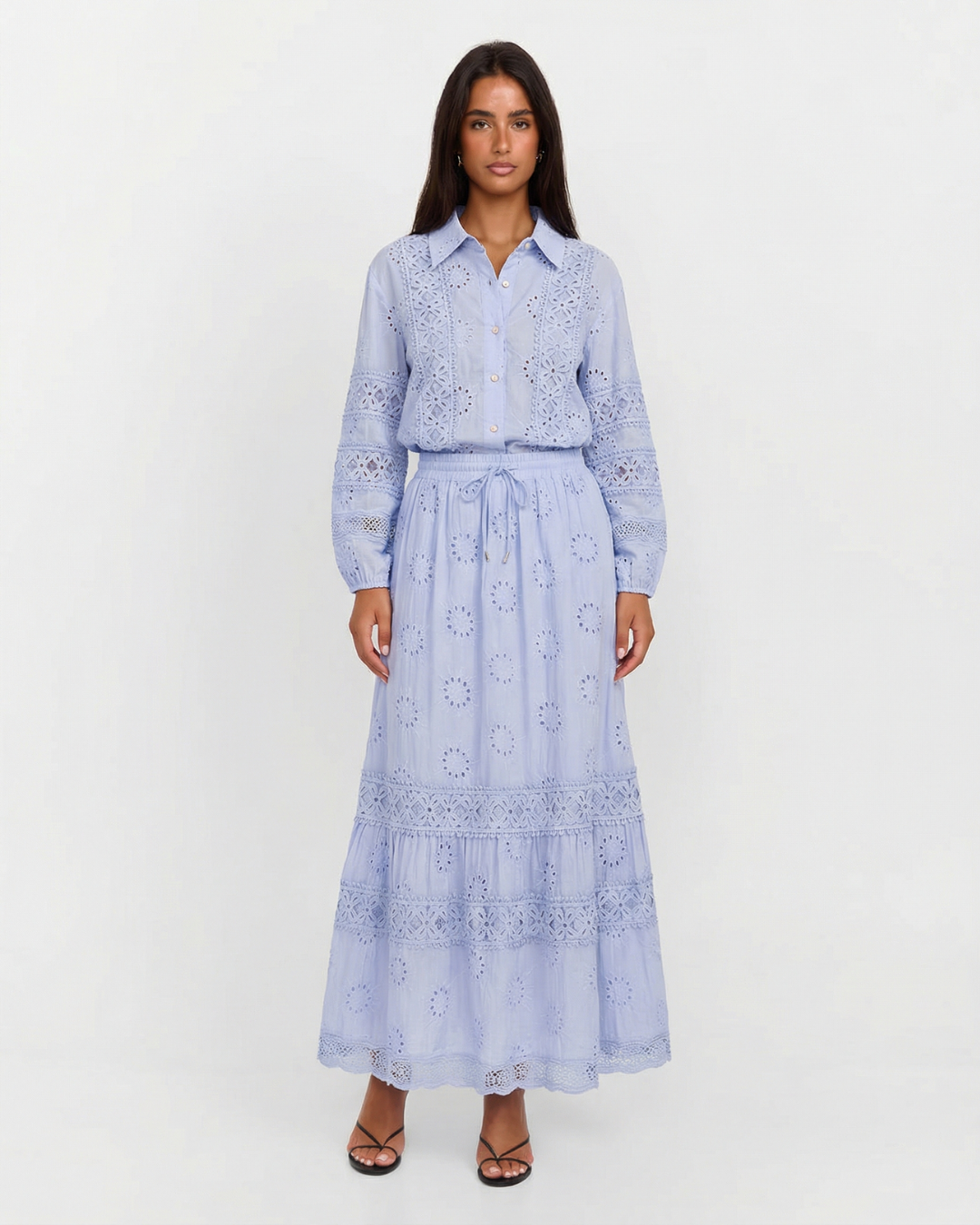Thea | Cottagecore Eyelet Maxi Dress Set Light Blue Long Sleeve