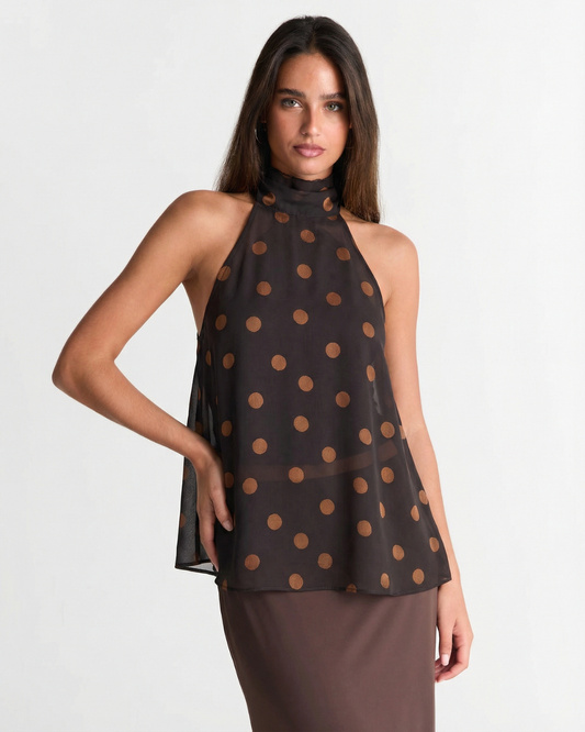 Camille | Halter Neck Top Brown Black Polka Dot Sleeveless Sheer