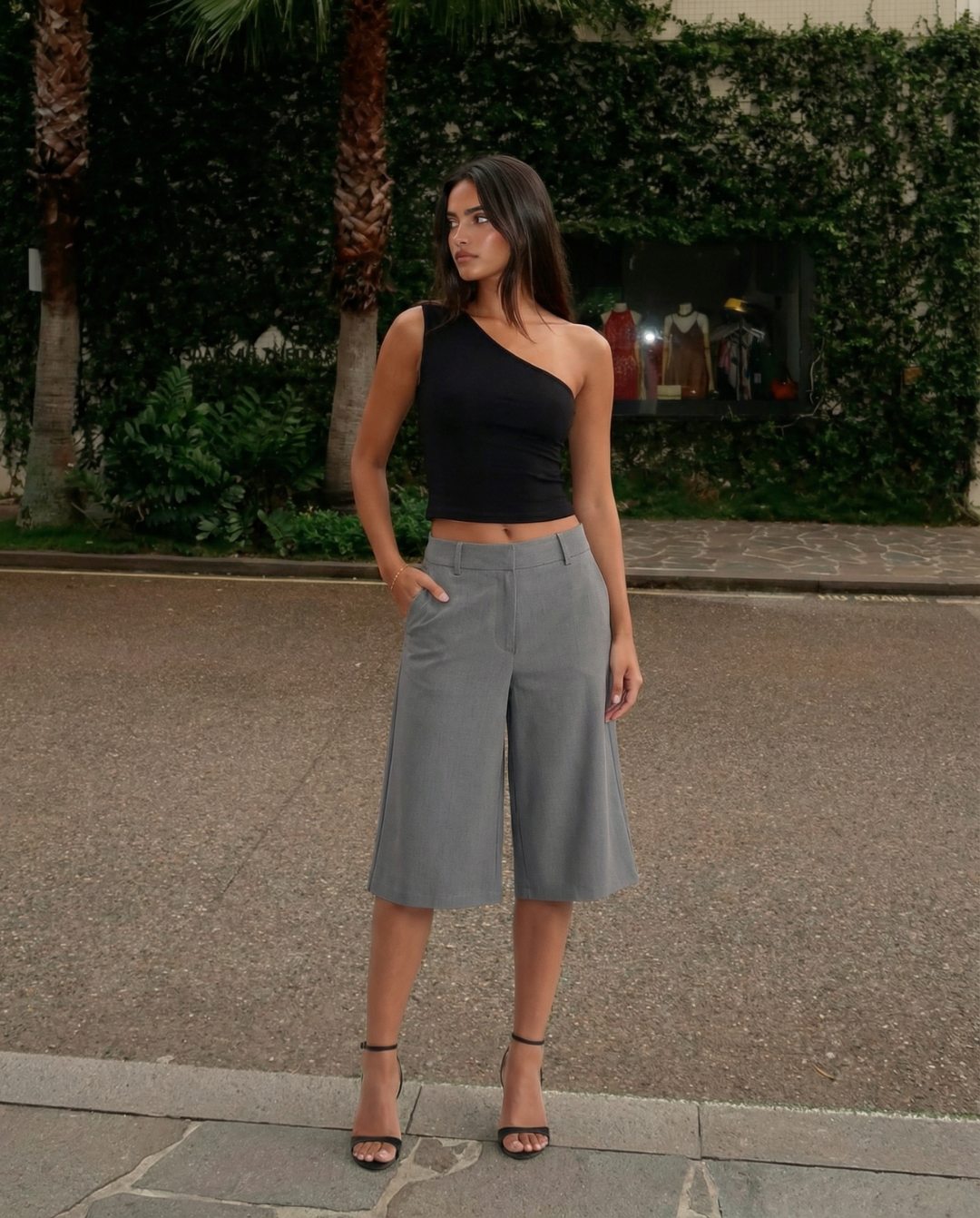 Margot | High Waisted Wide Leg Bermuda Shorts Gray Tailored