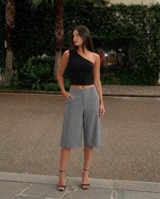 Margot | High Waisted Wide Leg Bermuda Shorts Gray Tailored