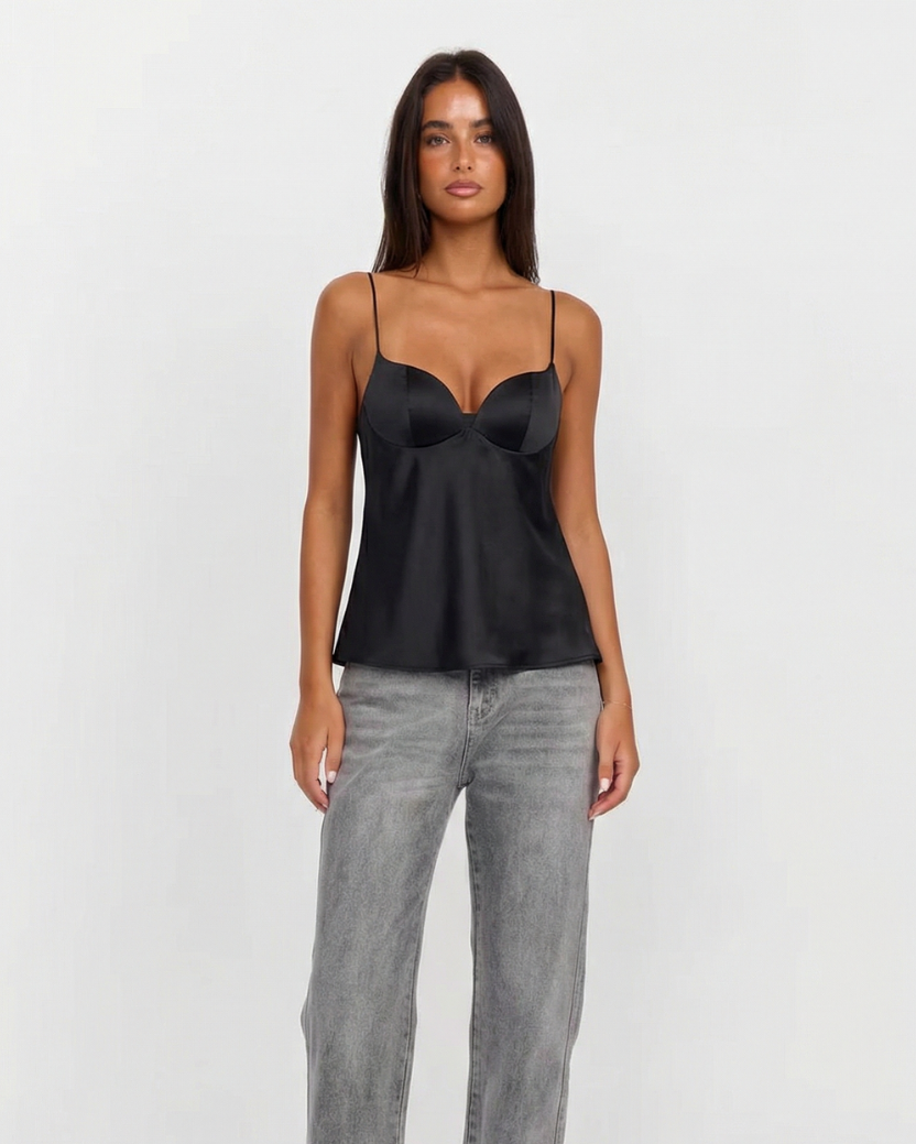 Mira | Satin Cami Top Black V Neck Corset Sleeveless Fitted