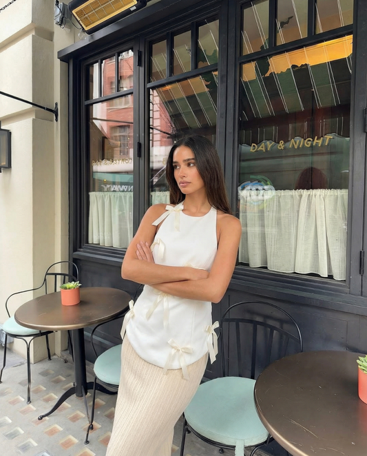 Neve | Elegant Halter Neck Top White Satin Bow Detail Sleeveless