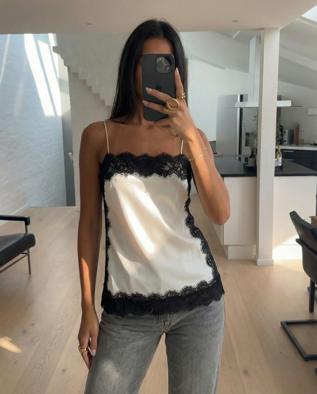 Margot | Elegant Lace Cami Top Cream Black Satin Sleeveless