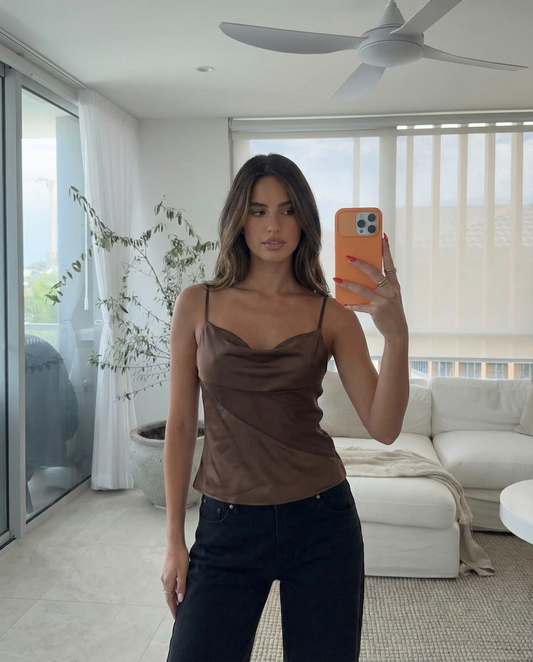 Viola | Elegant Satin Cowl Neck Cami Top Brown Going Out