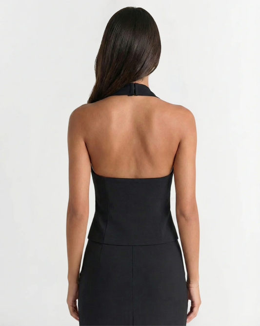 Viola | Elegant Halter Neck Top Black Ruched V Neck Cut Out