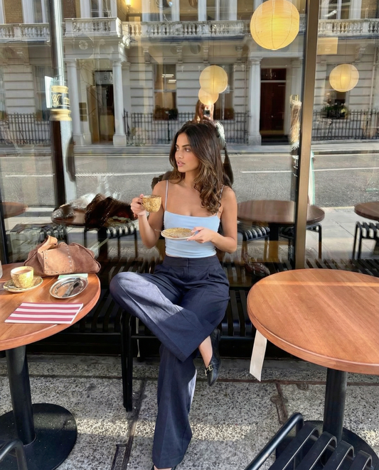 Camille | Casual Wide Leg Trousers Navy Linen High Waisted