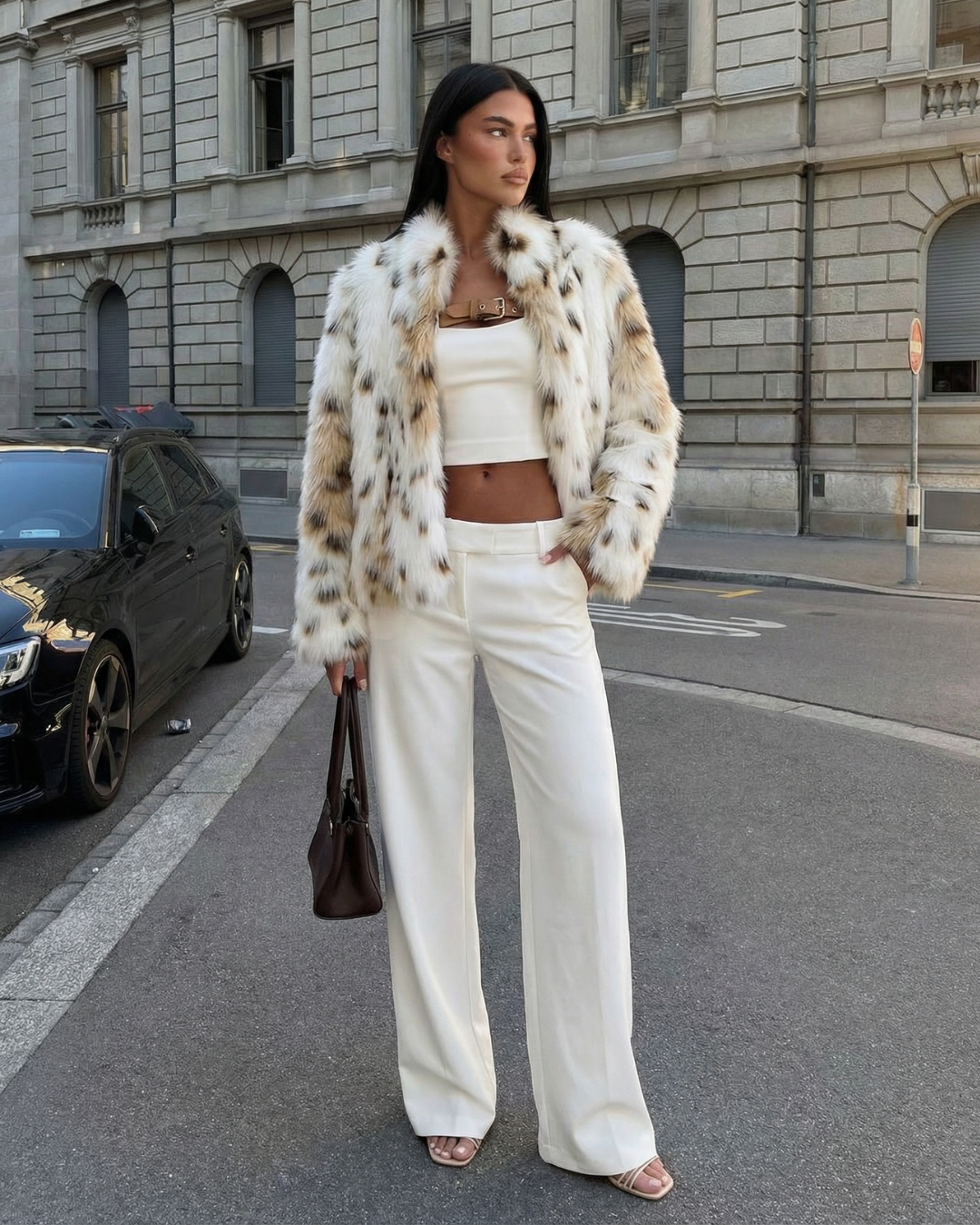 Vera | Leopard Faux Fur Coat Cream Short Sleeve Cropped