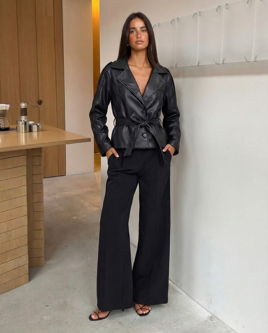 Vera | Belted Faux Leather Jacket Black Long Sleeve Fitted