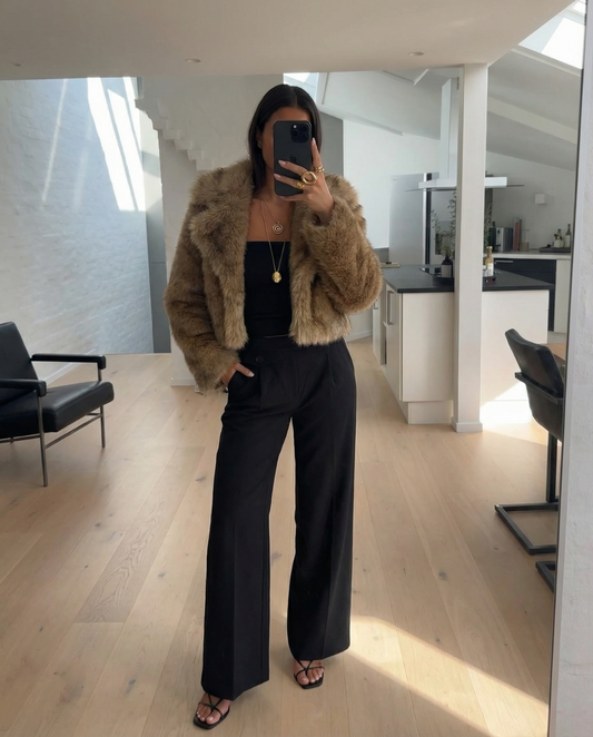 Celeste | Cropped Faux Fur Coat Brown Fluffy Collar