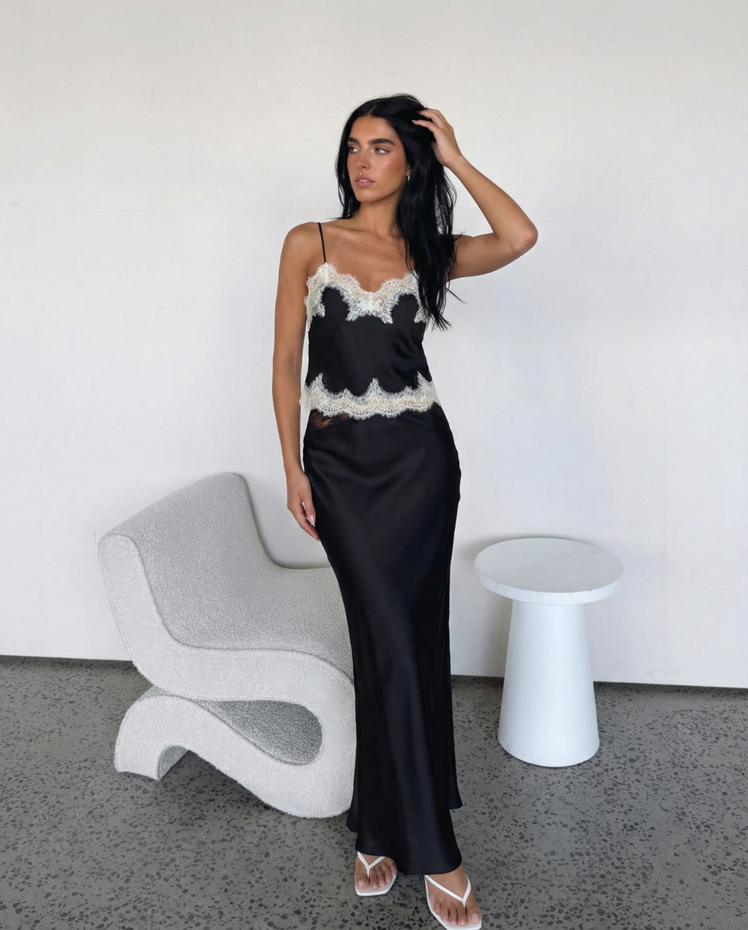 Oona | Elegant Lace Cami Top Satin Black Sleeveless