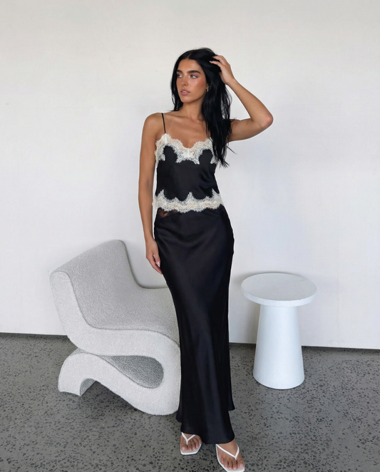 Oona | Elegant Lace Cami Top Satin Black Sleeveless