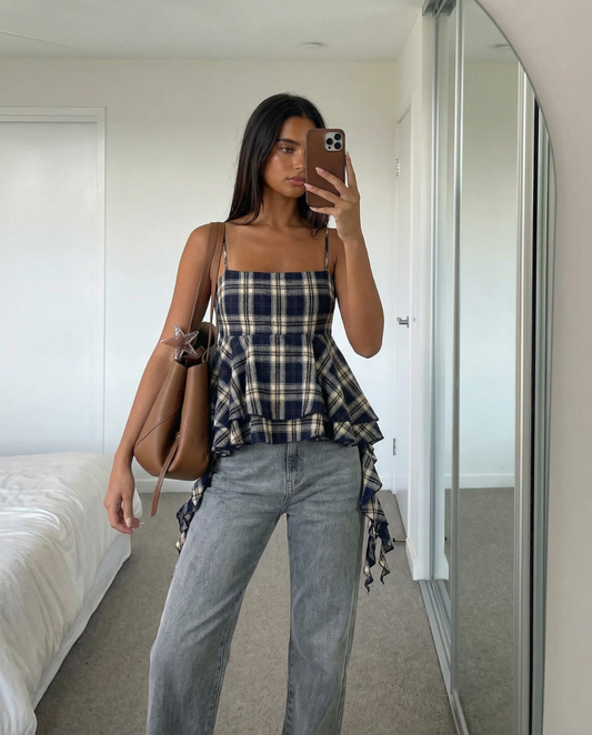 Ayla | Elegant Peplum Top Cami Navy Check Ruffle Spaghetti Strap