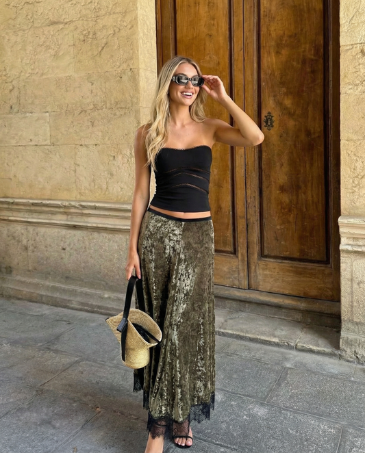 Nell | Elegant Velvet Maxi Skirt Green Lace Trim Pleated