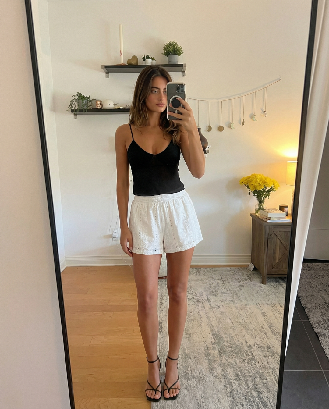 Vera | White Linen Shorts High Waisted Eyelet