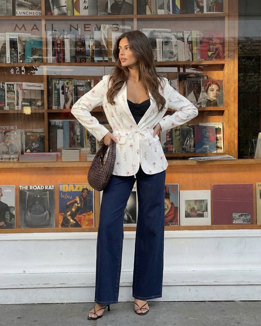 Faye | Floral Blazer White Pink Belted