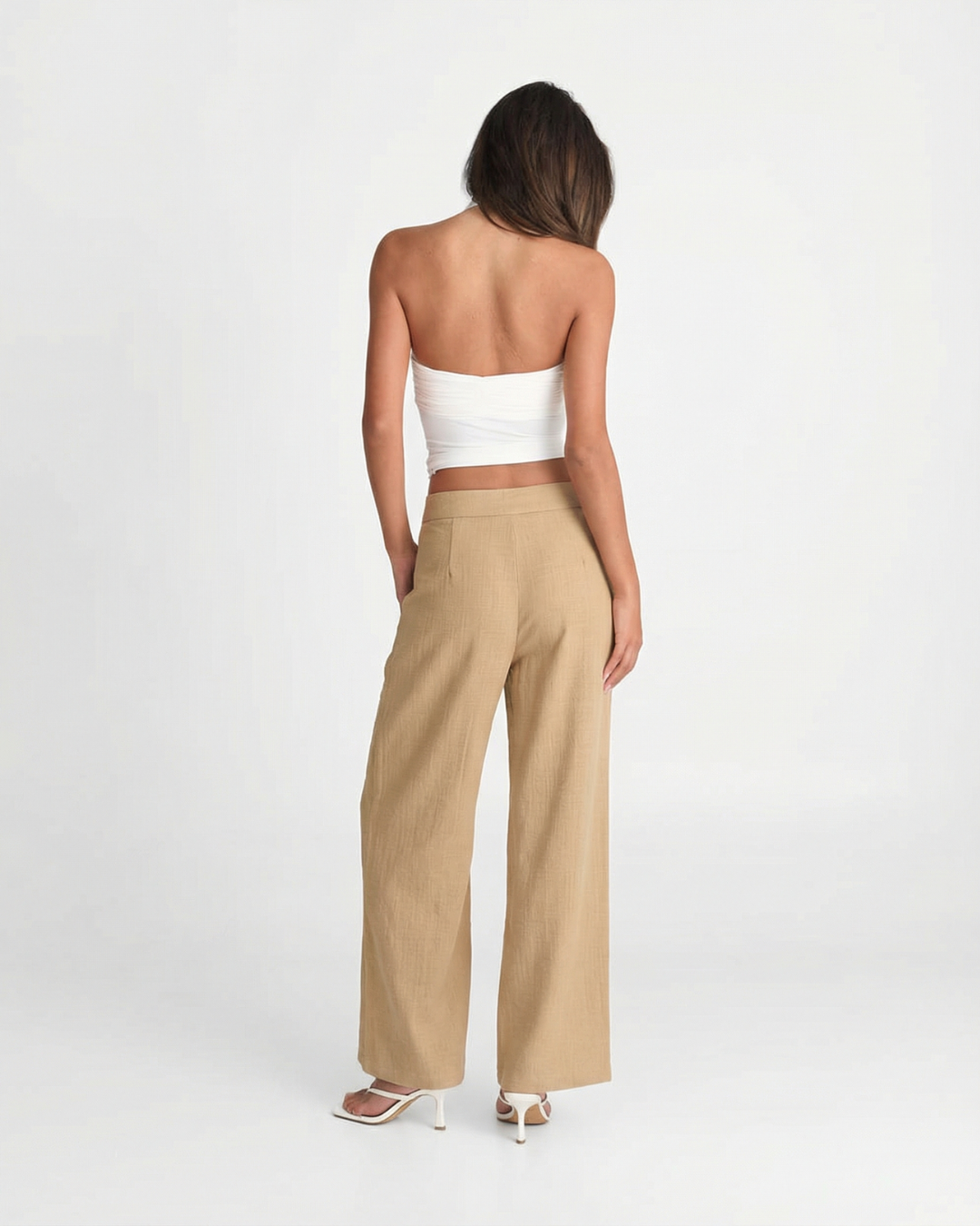 Maren | High Waisted Wide Leg Pants Beige Button Pocket
