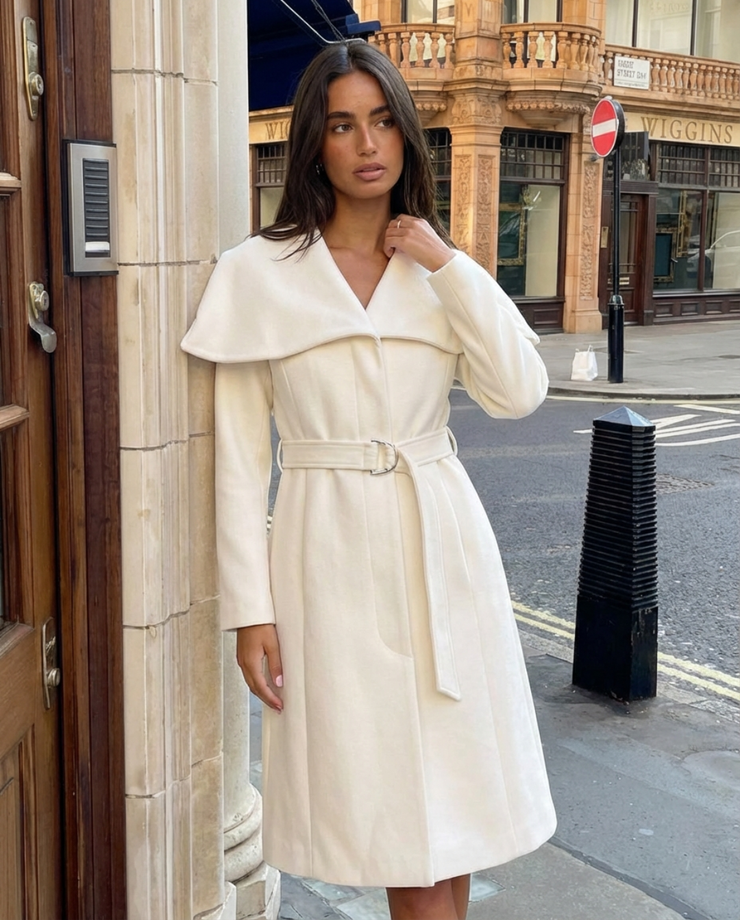 Tess | Elegant Belted Coat Cream Long Sleeve Peplum Collar