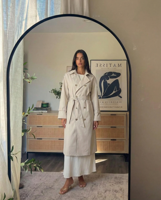 Viola | Elegant Belted Double Breasted Coat Cream Long