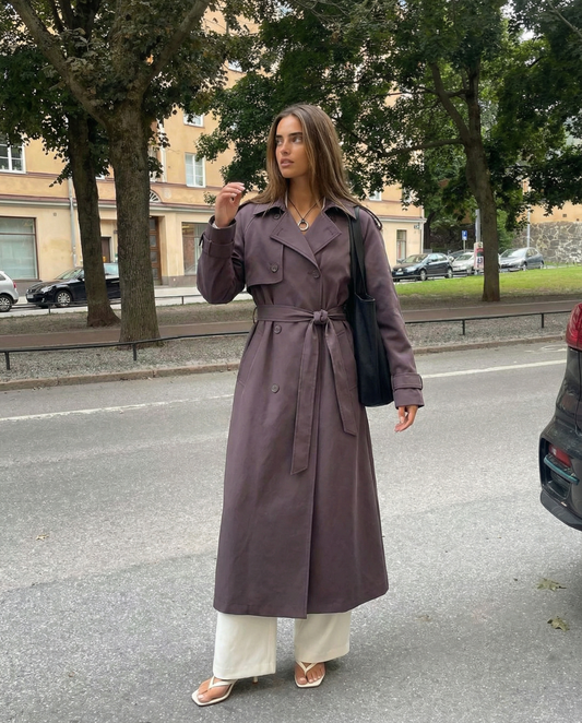 Tallulah | Elegant Belted Longline Coat Brown Double Breasted