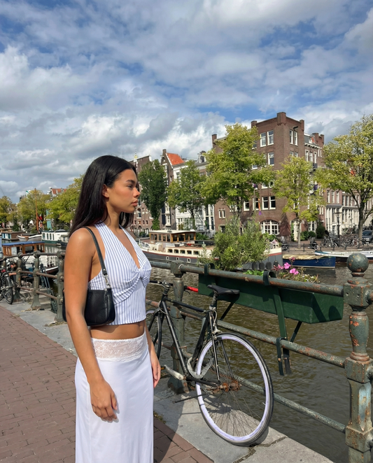 Elise | Summer Halter Neck Top Blue White Striped Tie Front