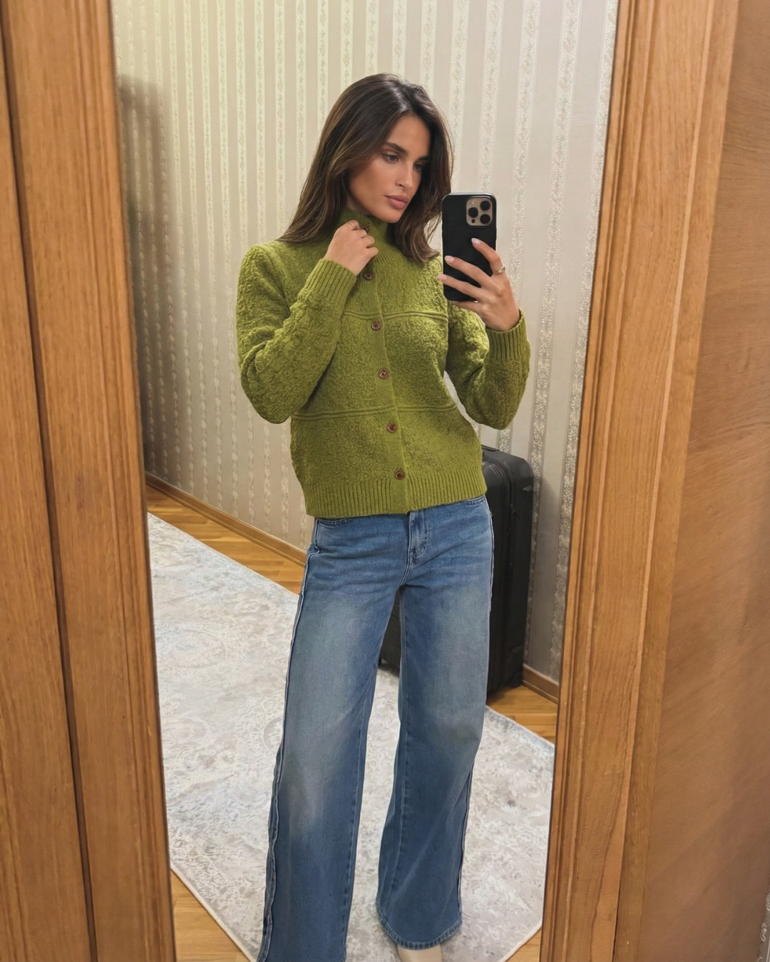 Vera | Ribbed Button Cardigan Lime Green Mock Neck Long Sleeve