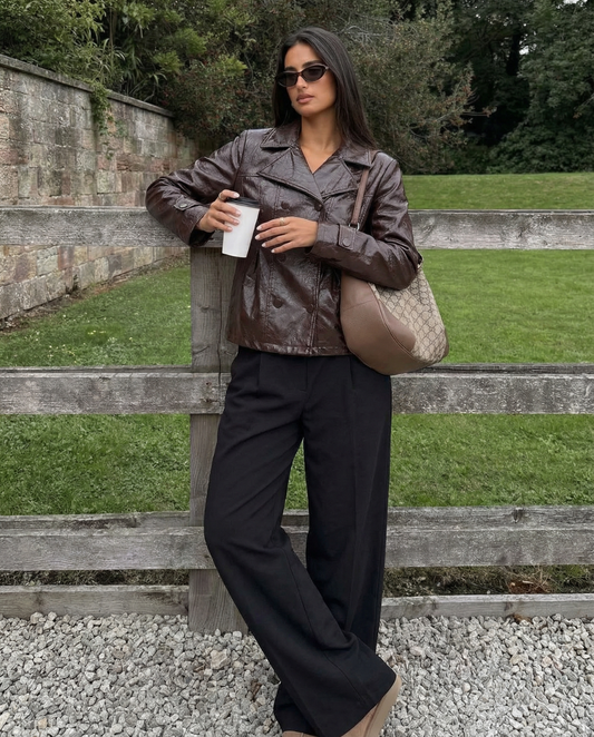 Cleo | Faux Leather Jacket Brown Double Breasted Long Sleeve