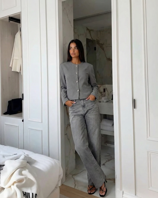 Vera | Cropped Blazer Gray Button Front Long Sleeve