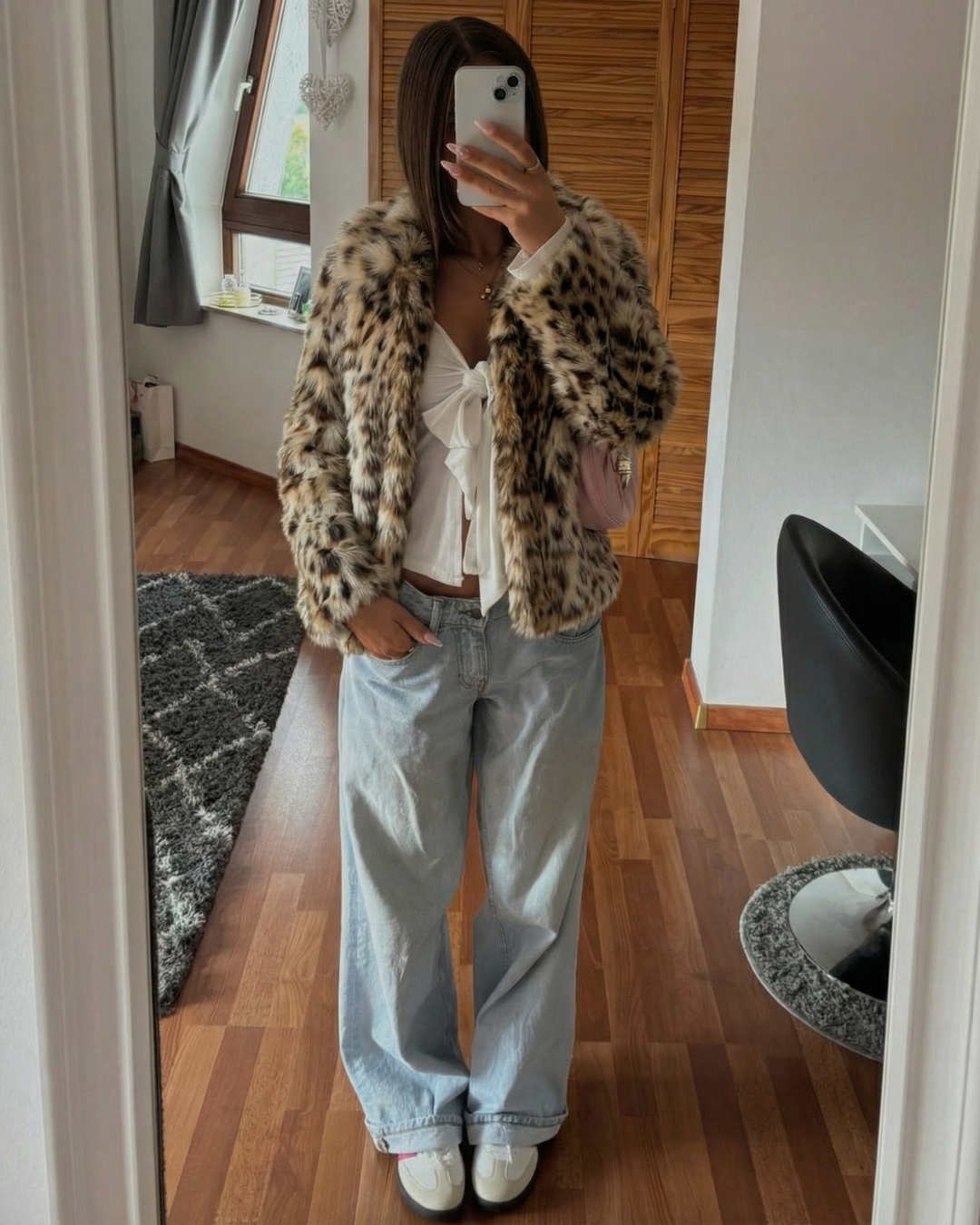 Alma | Winter Leopard Print Faux Fur Jacket Brown