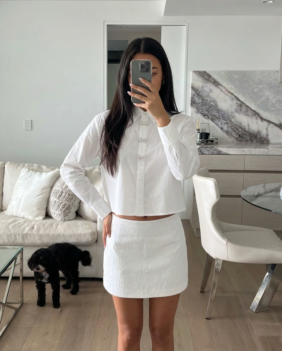 Mimi | Elegant Cropped Shirt White Bow Buttons