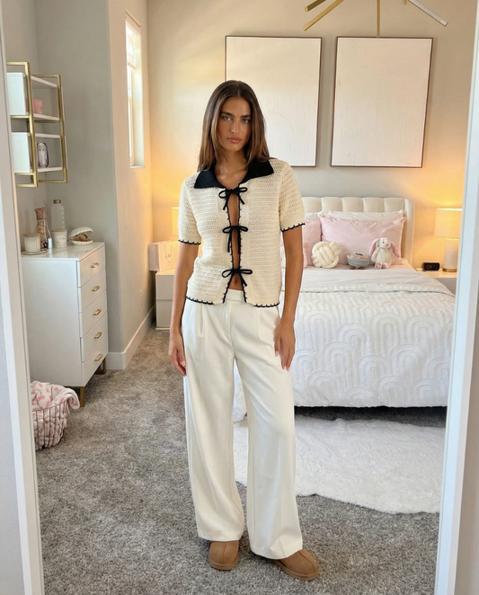 Ivy | Breathable Crochet Knit Short Sleeve Tie Front Polo